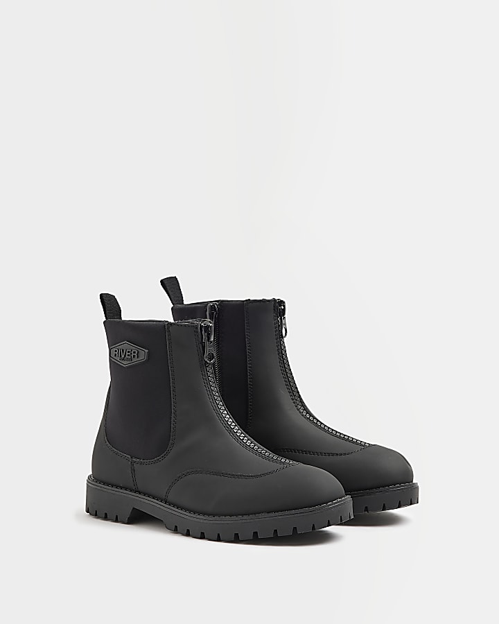 Boys Black Rubberised Zip Front Boots