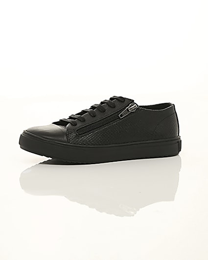 360 degree animation of product Boys black sole zip side lace-up trainers frame-23