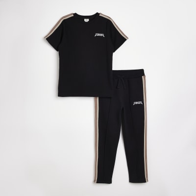 Boys Black Taped T-shirt and Joggers outfit | River Island