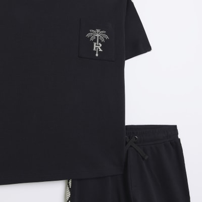 Boys black taped t-shirt and shorts set