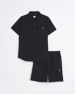 Boys black Textured Shirt and Shorts Set