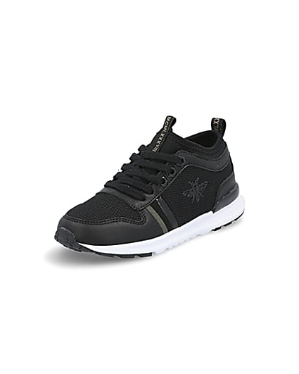 360 degree animation of product Boys black wasp runner trainers frame-0