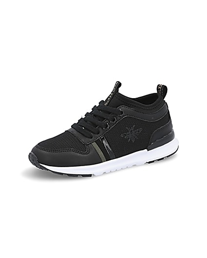 360 degree animation of product Boys black wasp runner trainers frame-1