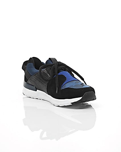 360 degree animation of product Boys blue camo insert runner trainers frame-6