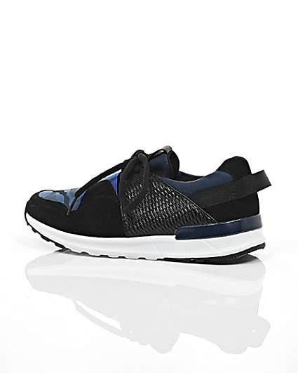 360 degree animation of product Boys blue camo insert runner trainers frame-20