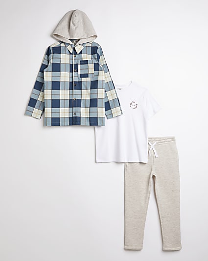 Boys blue check hooded shacket 3 piece outfit