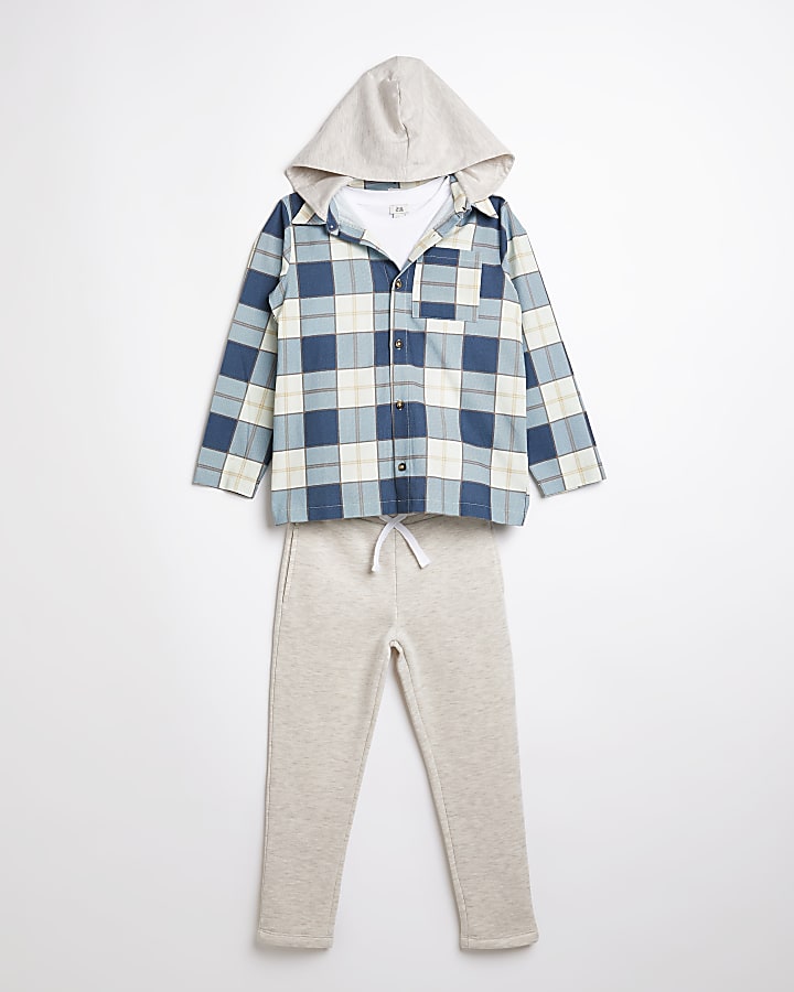 Boys blue check hooded shacket 3 piece outfit