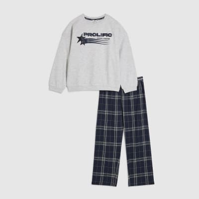 Boys Blue Check Sweatshirt Pyjamas Set