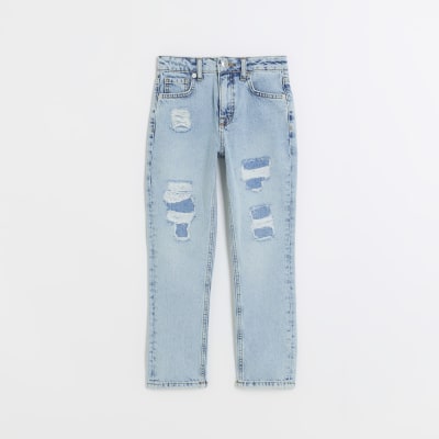 Boys blue denim ripped slim fit jeans | River Island