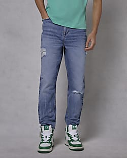 Boys blue graphic rip slim jeans