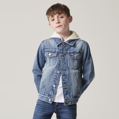 Boys blue hooded denim trucker jacket River Island