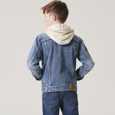 Boys blue hooded denim trucker jacket River Island