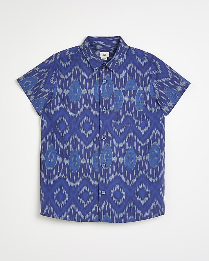 Boys blue ikat print short sleeve shirt