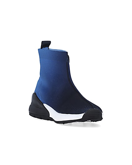 360 degree animation of product Boys Blue Knit Sock High Top trainers frame-19
