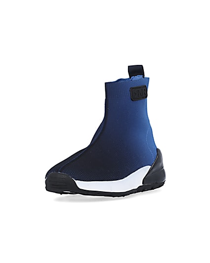 360 degree animation of product Boys Blue Knit Sock High Top trainers frame-23