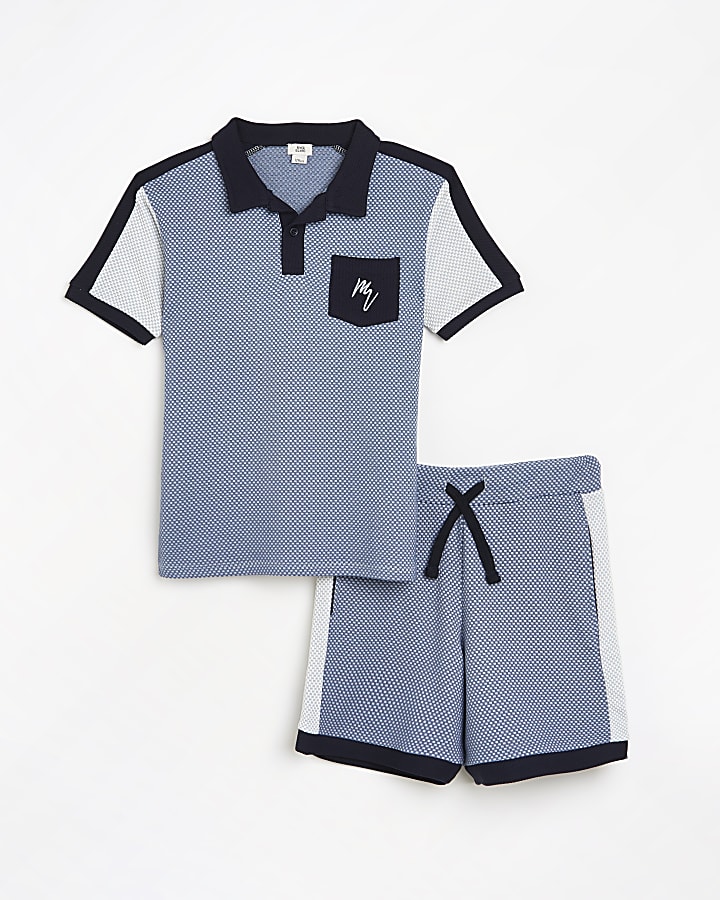 Boys blue Maison Riviera blocked polo outfit