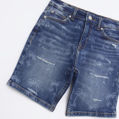 Boys Blue Palm Print Denim Shorts