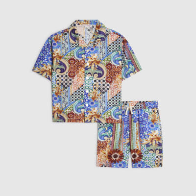 Boys Blue Printed Shirt & Shorts Set