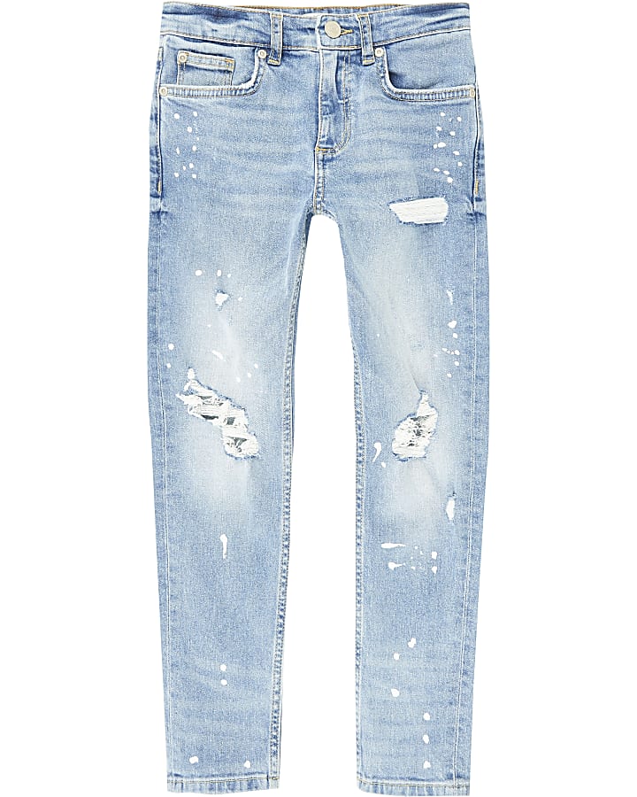 Boys blue ripped paint splat skinny jeans