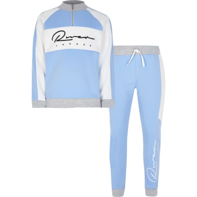 Boys' blue river print funnel neck outfit | River Island