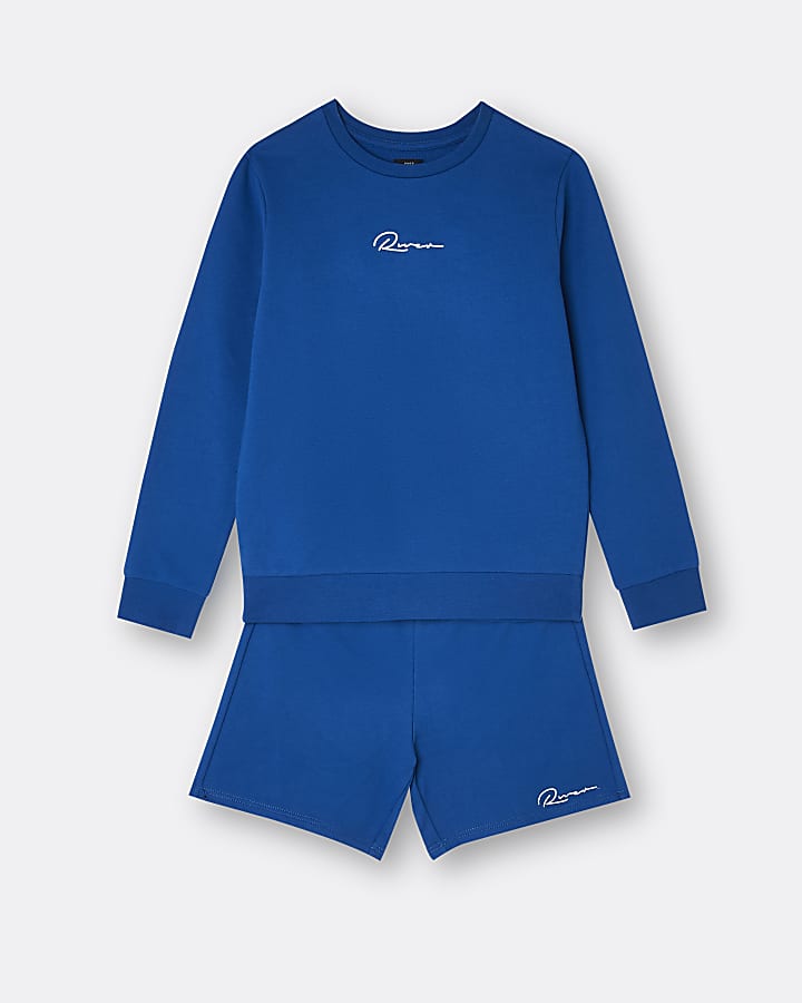 Boys blue River sweatshirt and shorts outfit