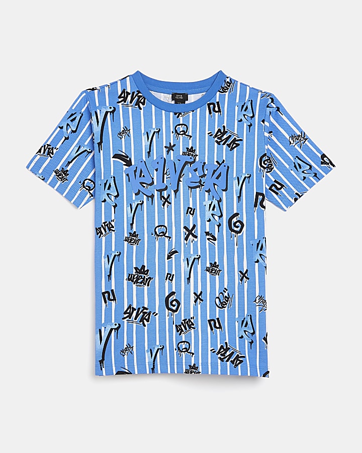 Boys blue stripe graffiti print t-shirt