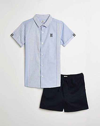 Boys blue striped shirt and shorts outfit