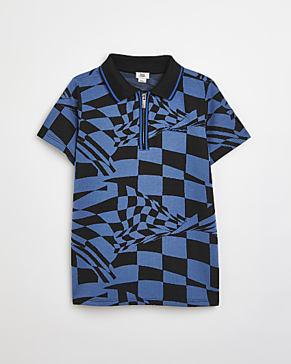 Boys blue warped checkerboard polo shirt