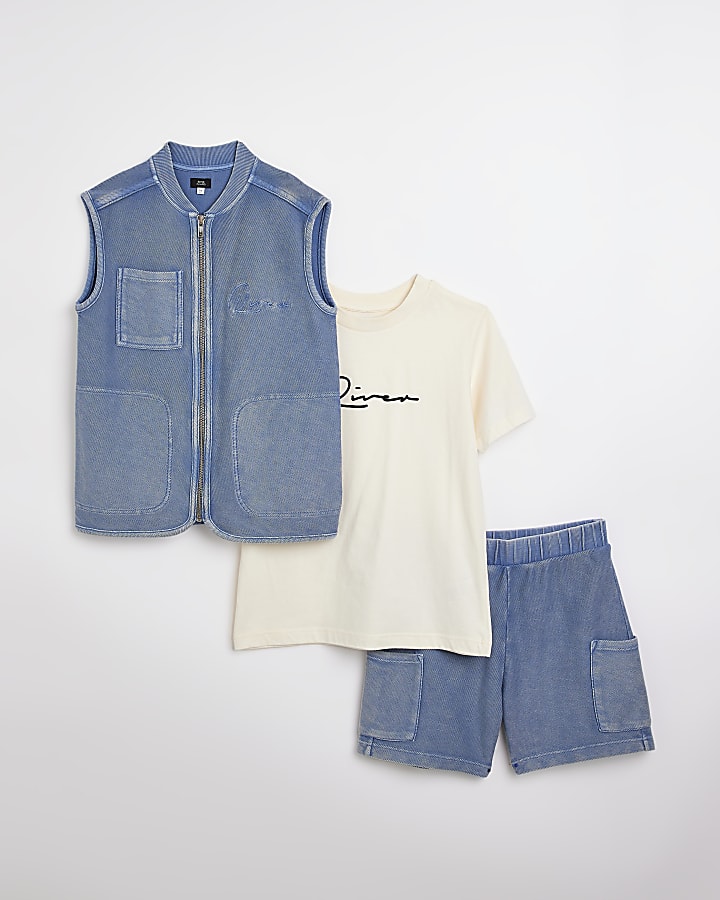 Boys blue washed gilet 3 piece outfit