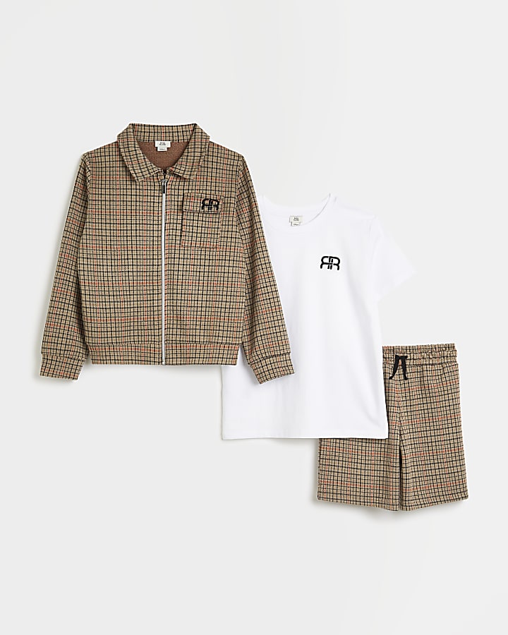 Boys brown check 3 piece shorts outfit