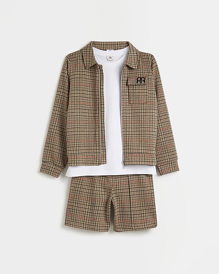 Boys brown check 3 piece shorts outfit