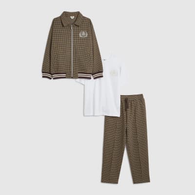 Boys Brown Check Embroidered Jacket Set