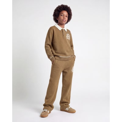 Boys Brown Colour Block Knit Shirt Set