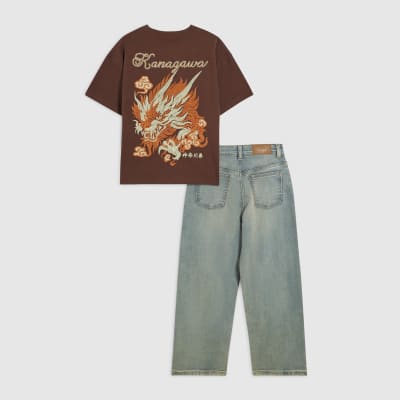 Boys Brown Embroidered Dragon T-Shirt Set
