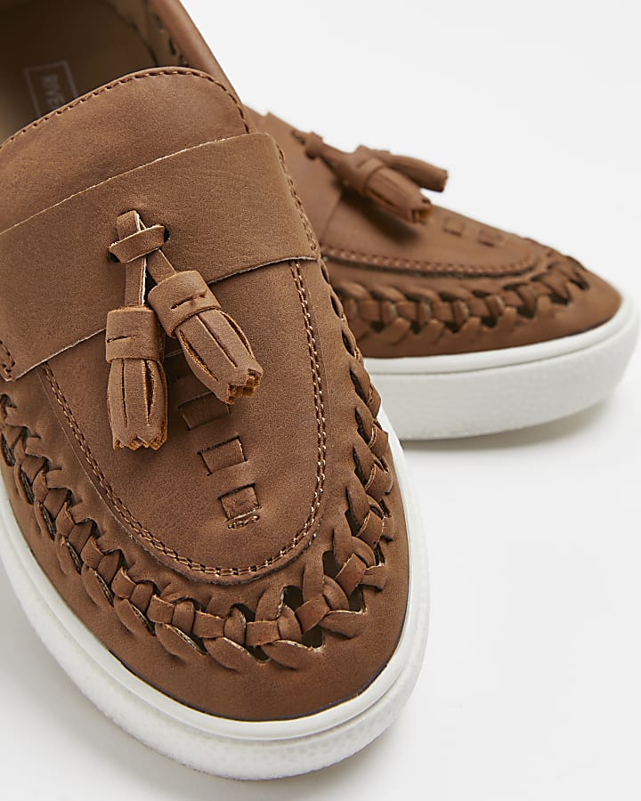Boys brown hybrid weave loafers