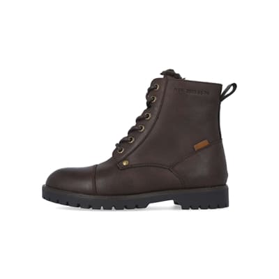 360 degree animation of product Boys Brown Pu Distressed Borg Lined Boots frame-3