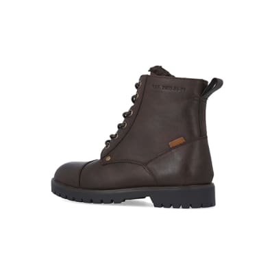 360 degree animation of product Boys Brown Pu Distressed Borg Lined Boots frame-5