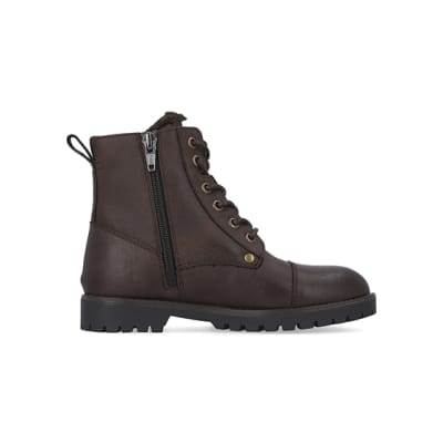 360 degree animation of product Boys Brown Pu Distressed Borg Lined Boots frame-15