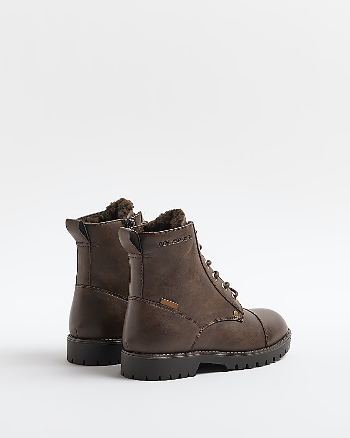 Boys Brown Pu Distressed Borg Lined Boots
