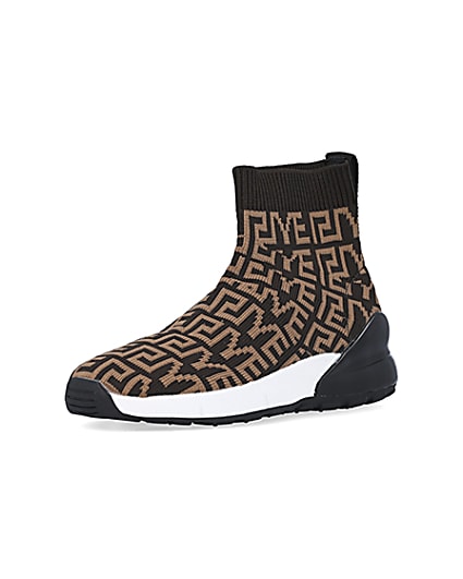360 degree animation of product Boys brown RI knit high top sock trainers frame-0