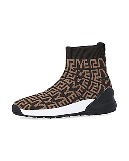 360 degree animation of product Boys brown RI knit high top sock trainers frame-1