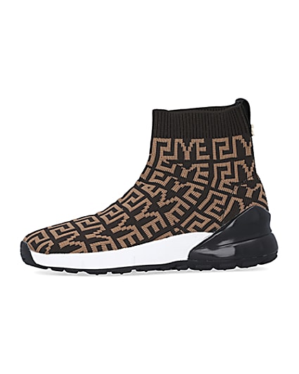 360 degree animation of product Boys brown RI knit high top sock trainers frame-2