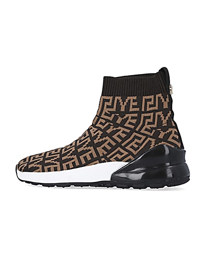 360 degree animation of product Boys brown RI knit high top sock trainers frame-4