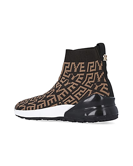 360 degree animation of product Boys brown RI knit high top sock trainers frame-5