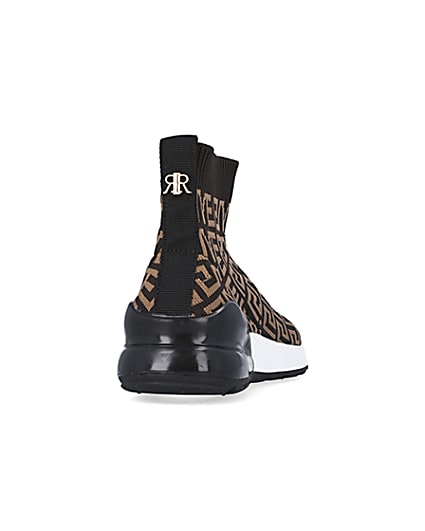 360 degree animation of product Boys brown RI knit high top sock trainers frame-10