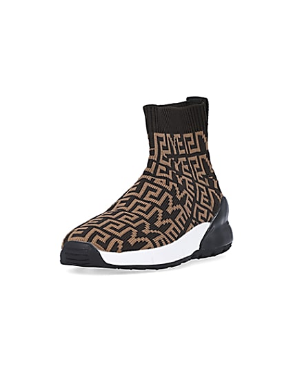 360 degree animation of product Boys brown RI knit high top sock trainers frame-23