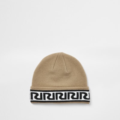 Boys brown RIR monogram beanie hat | River Island