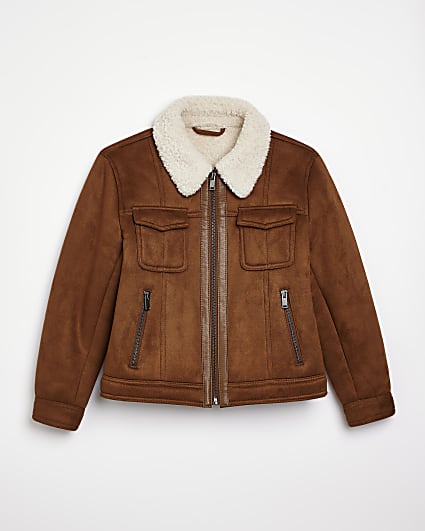 Boys Brown Suede Borg lined aviator Coat