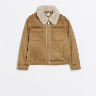 Boys brown suedette shearling jacket | River Island