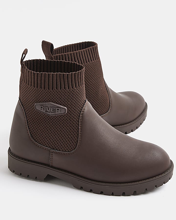 Boys Brown wide fit Knitted Boots